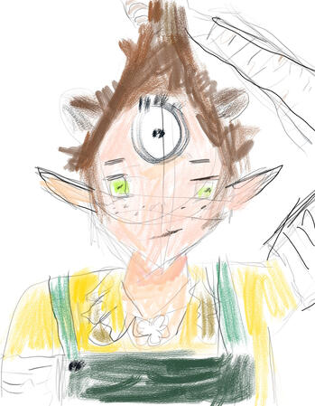 Abel lifts up his hair to reveal a large white eye glaring at people
